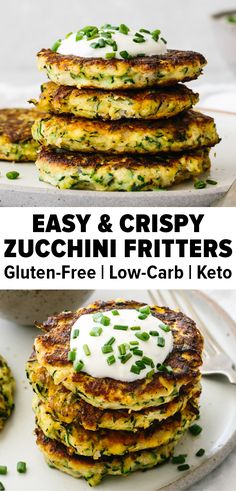 zucchini fritters with sour cream and chives on top are stacked on a white plate