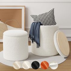 the round ottoman is made out of sheepskin and has four different color options to choose from