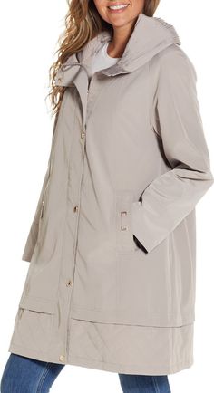 Gallery Water Resistant Hooded Rain Coat | Nordstrom Cheap Hooded Women's Raincoat, Patagonia Rain Coat, Old Navy Rain Jacket, Long Rain Coat L.l.bean, Plus Size Raincoats, Lululemon Outerwear For Fall, Travel Jacket Women, Cute Raincoats, Travel Coat