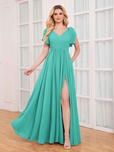 #color_Turquoise Flowy Short Sleeve Maxi Dress For Wedding Guest, Chiffon Maxi Dress For Wedding Guest With Short Sleeves, Short Sleeve Ruffled Maxi Dress For Bridesmaids, Short Sleeve Maxi Dress With Ruffles For Bridesmaid, Chiffon Wedding Guest Dress With Short Sleeves, Short Sleeve Chiffon Dress For Wedding, Green Short Sleeve Chiffon Dress, Flowy Short Sleeve Dresses With Ruched Bodice, Chiffon Bridesmaid Dress With Short Sleeves