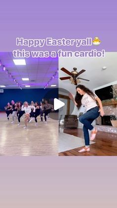 a group of people are dancing in an empty room with purple lighting and the words happy easter, this was fun cardio