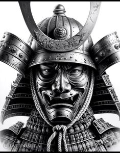 a black and white drawing of a samurai