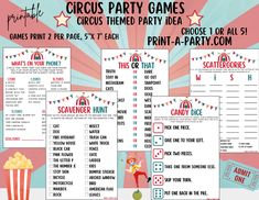 circus party games and printables for kids to play on the carnival theme, including popcorn