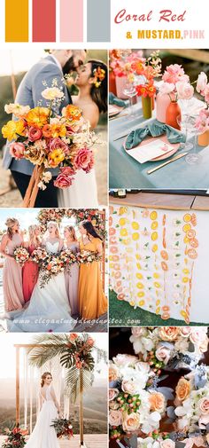 the color scheme is peach, yellow and orange for this wedding day ceremony at coral reef & mustard pink