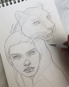 a drawing of two women with cats on their heads and one woman's face