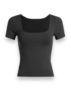 Super stretchy seamless tee One size fits most XS-Large 92% Nylon, 8% Spandex Made in China High Stretch Seamless Scoop Neck T-shirt, Fitted Black Elastane T-shirt, Sporty Tops With Medium Support In Elastane, Sporty Elastane Tops With Medium Support, Casual Black Seamless T-shirt, Athleisure Scoop Neck Top With Seamless Construction, Solid Color Scoop Neck T-shirt With Minimal Stretch, Basic Summer Tops With Medium Support, Seamless Fitted T-shirt