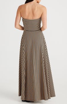 Horizontal stripes at the bodice become vertical at the full skirt of this stretch-kissed maxi dress cut in a shoulder-baring strapless silhouette. Hidden side-zip closure Strapless Unlined 80% viscose, 15% polyester, 5% elastane Machine wash, line dry Imported Strapless Maxi, Strapless Maxi Dress, Horizontal Stripes, Dress Cuts, Full Skirt, Nordstrom Dresses, Black Stripes, Side Zip, Brave