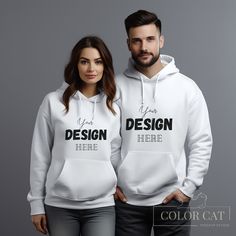 "Cute Couple Mockup featuring a man and a woman, front view for Gildan 18500 White Hoodie. This sweatshirt mock is a simple image that is easy to use with Canva, Photoshop, Photopea etc. to make a perfect mockup for your print on demand design. ♥ Our Mockups are designed to perfectly fit Etsy's new square listing image size. --------------------- ♥ We specialize in unique settings and product colors. If you like our mockups, do not forget to follow our shop to be informed about our new designs! --------------------- ♥ How to get your Mockup: - After purchasing, you can download a PDF with a Google Drive link to your images from your Etsy account or confirmation email. - Please note that all listings have a separate PDF and you will need to open each link separately if you have purchased mu Customizable White Hoodie, Customizable Hooded Sweatshirt For Winter, Customizable Hooded Winter Sweatshirt, White Custom Print Hooded Sweatshirt, White Hooded Sweatshirt With Custom Print, Casual White Hoodie With Custom Print, Custom Print Hoodie For Winter, Customizable Long Sleeve Winter Hoodie, Basic White Hoodie With Letter Print