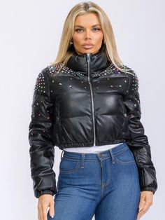 Swarovski Crystal Studs Women's Faux Leather Jacket Zip Up, and Front Pockets - Etsy Fitted Studded Winter Outerwear, Winter Fitted Studded Leather Jacket, Fitted Studded Leather Jacket For Winter, Winter Fitted Studded Outerwear, Studded Fitted Leather Jacket For Winter, Fitted Leather Jacket With Studs For Winter, Spring Long Sleeve Outerwear With Rhinestone Rivets, Fitted Winter Outerwear With Studs, Studded Winter Outerwear