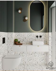 a white toilet sitting under a bathroom mirror next to a sink and a wall mounted faucet