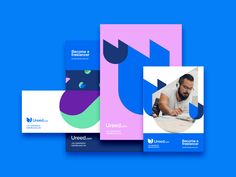 three different business brochures on a blue background