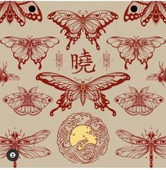 an image of butterflies and moths with chinese writing on the backgrounnds