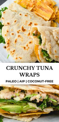 two images with the words crunchy tuna wraps on them