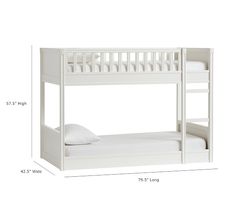 a white bunk bed with two sets of mattresses on the bottom and one side