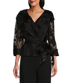 Alex Evenings 3/4 Sleeve Portrait Collar Tie Waist Floral Blouse | Dillard's Elegant Gowns, Mob Dresses, Alex Evenings, Silhouette Portrait, Gowns Of Elegance, Dressy Tops, Winter 2024, Dillard's, Mother Of The Bride Dresses