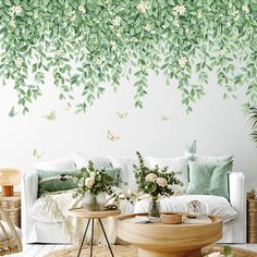 PRICES MAY VARY. Material: The green vine wall decals is made of quality PVC material, which is waterproof, durable, not easy to damage and can be applied with your confidence. Design: The hanging green leaves vines, beige flowers and beautiful butterflies form a spring scene. Use them to decorate your room and you will harvest happiness every day. Size: Comes in 2 sheets, sheet size is 11.8"×35.4"(30x90cm), you can paste as you like. Installation: When you use leaf wall decor, please clean the Leaf Wall Decals, Green Leaf Wall, Flower Wall Decal, Butterfly Wall Decals, Murals For Kids, Daisy Wallpaper, Hanging Vines, Stick Art, Flower Wall Decals