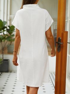 Beach Cotton Shift Midi Dress, Beach Shift Midi Dress In Cotton, Solid Shift Dress For The Beach, Beach Shift Dress, Beach Shift Midi Dress, Solid Shift Midi Dress For Vacation, Solid Color Mid-length Dresses For Vacation, Solid Shift Mini Dress For Beach, Casual Short Sleeve Unlined Dress