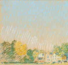 colored pencil drawing of houses and trees in the distance with blue sky above them on a sunny day