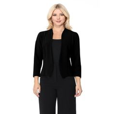 MOA COLLECTION is committed to providing each customer with the highest standard of customer service. Product Description: Solid waist length, collarless blazer with an open front and long sleeves.* Approx: Length: 23 in, Bust: 36 in, Sleeve: 19.5 in, Shoulder: 18 in Size Chart(Inches) / HBL00528S => Chest: 36/ Shoulder: 18/ Sleeve: 19.5/ Length: 23 M => Chest: 37/ Shoulder: 18.3/ Sleeve: 20/ Length: 24 L => Chest: 38/ Shoulder: 18.7/ Sleeve: 20.5/ Length: 25 XL => Chest: 39/ Shoulder: 19/ Sleev Fitted Solid Color Cardigan For Office, Fitted Solid Cardigan For Work, Winter Workwear Cardigan With 3/4 Sleeves, Fitted Black Cardigan For Office, Fitted Cardigan With 3/4 Sleeves For Work, Classic Formal Outerwear With 3/4 Sleeves, Classic Fall Outerwear With 3/4 Sleeve, Fitted Formal Outerwear With 3/4 Sleeves, Fitted 3/4 Sleeve Cardigan For Layering