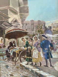 an oil painting of people walking down the street in front of a horse drawn carriage