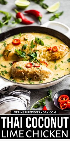 thai coconut lime chicken in a skillet with red peppers and cilantro on the side