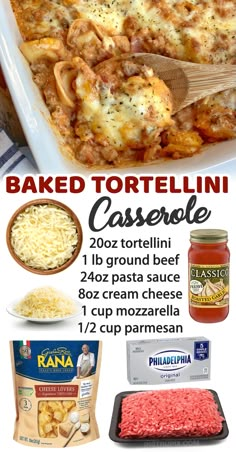 baked tortellini casserole recipe with text overlay