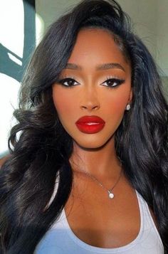 Cute Makeup Looks Red Lips, Classy Black Women Makeup, Red Lip Neutral Eye Make Up, Full Glam Makeup Looks Red Lips, Red Lip Glam Makeup Black Women, Classy Red Lip Makeup, Ombre Red Lip Makeup Look Black Women, Make Up With Red Lipstick Black Women, Old Hollywood Glam Makeup Black Women