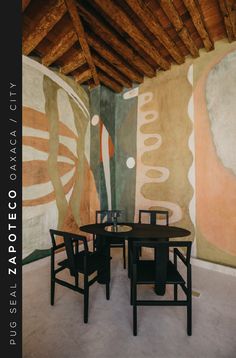 a table and four chairs in front of a wall with an abstract painting on it