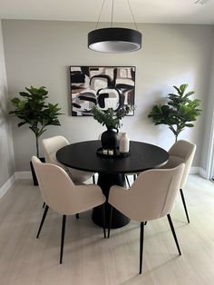 a dining room table with four chairs and a potted plant in the center on top