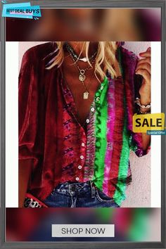 Women's Shirt Blouse Red Blue Purple Color Block Patchwork Print Long Sleeve Daily Basic Shirt Collar Long Loose Fit S Multicolor Patchwork Button-up Blouse, Multicolor Patchwork Blouse For Festival, Multicolor V-neck Shirt With Buttons, Long Sleeve Patchwork Tops For Summer, Casual Patchwork Blouse For Festival, Bohemian Patchwork Shirt For Summer, Casual Red Patchwork Blouse, Long Sleeve Patchwork Blouse For Beach, Red Bohemian Patchwork Blouse