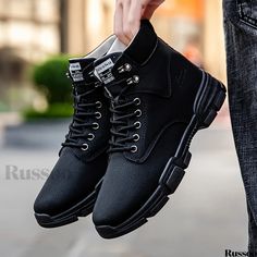 Russoo - Stylish Mens High-Top Boots: Breathable, Anti-Skid Lace-Up Design with PU Leather Upper, Ideal for Outdoor Adventures, Winter, and Fall Wear Casual Black Martin Boots For Winter, Casual Black Martin Boots For Fall, Casual Martin Boots For Fall Outdoor Activities, Casual Martin Boots For Outdoor Fall Activities, Casual Black Martin Boots For Outdoor Activities, Casual Black Martin Boots For Outdoor, Casual Martin Boots For Winter Outdoor Activities, Casual Winter Martin Boots For Outdoor Activities, Mens High Boots