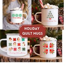 the holiday quilt mugs are decorated with christmas decorations and candy canes