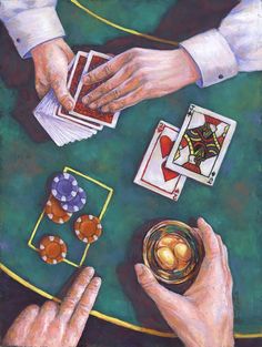 two hands holding playing cards over a green table with gold coins and chips on it