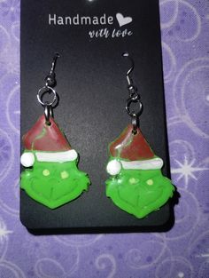 Grinch polymer clay earrings Hand Painted Clay Earrings For Gift, Hand Painted Clay Earrings As Gift, Gift Polymer Clay Earrings, Unique Polymer Clay Earrings For Gift, Unique Polymer Clay Earrings For Gifts, Gift Clay Drop Earrings, Hand Painted Polymer Clay Earrings For Gift, Clay Drop Earrings As Gift, Clay Drop Earrings For Gift