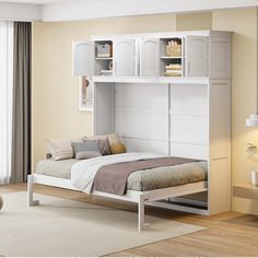 a bedroom with a bed, book shelf and dresser