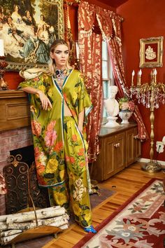 Floral/stripes border print kimono with front beading, side slits Olive floral Dry clean only 100% modal Length (one size) 41.5" Bust (one size) 40.5" Beetlejuice Sandworm, Pride Shoes, Vintage Ootd, Flora Dress, Retro Pants, Retro Purse, Summer Plaid, Retro Skirt, Bohemian Summer