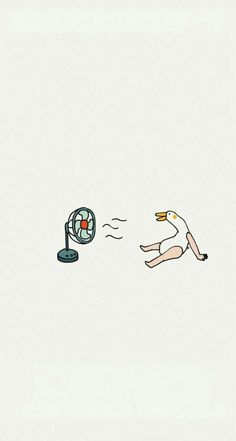 a drawing of a bird flying next to a desk top fan and an alarm clock