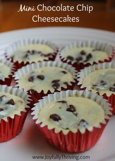 mini chocolate chip cheesecakes on a white plate