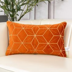 an orange pillow on a white couch with a potted plant in the corner behind it