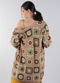 Valentines Gift, Crochet Square Cardigan, Women Beige Boho Coat, Cream Patchwork Hippie Jacket, Plus Size Sweater, Afghan Handmade Knit Sweater, Spring Oversized Chuncky Cardigan, Cotton Knit Kimono, Gift for Her, Mom, Girlfriend, Cozy Clothing 🧥It is my pleasure to be offering this awesome fashion multicolor crochet jacket. This coat is perfect for four seasons, ANYWHERE, ANYTIME. The cardigan looks very nice with dress, with jeans and with any other clothing. You can use at home, at work, and Long Sleeve Knit Cardigan, Bohemian Knitted Long Sleeve Cardigan, Bohemian Long Sleeve Knitted Cardigan, Handmade Cozy Long Sleeve Outerwear, Bohemian Long Sleeve Sweater With Granny Squares, Beige Knitted Long Sleeve Outerwear, Bohemian Long Sleeve Knitted Sweater Coat, Bohemian Long Sleeve Crochet Cardigan, Green Long Sleeve Crochet Sweater