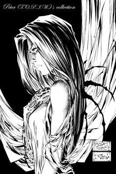 a black and white drawing of a woman with wings