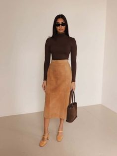 Suede Skirt Outfit Fall, Leather Midi Skirt Outfit, Fall Thrifting, Suede Skirt Outfit, Suede Midi Skirt, Skirt Outfit Fall, Business Professional Outfits, Modesty Outfits, Midi Skirt Outfit