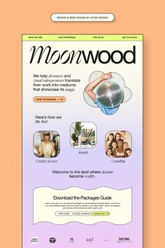 the homepage for moonwood is displayed on an orange and purple background with different images