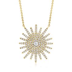 Ross-Simons - .80 ct. t. w. Diamond Sunburst Necklace in 14kt Yellow Gold. 15". A radiant statement, down to every last ray! Our exquisite sunburst necklace shimmers with .80 ct. t. w. round brilliant-cut diamonds in polished 14kt yellow gold. Stationed on a classic cable chain, this is a fabulous signature statement to amplify your inner light. Lobster clasp, diamond sunburst necklace. Diamond birthstones are the perfect gift for April birthdays. Yellow Gold Starburst Necklace As Gift, Yellow Gold Starburst Necklace For Gift, Diamond Starburst Necklace With Accents, Gold Starburst Fine Jewelry, Sunburst Necklace Gold, April Birthday, Fine Jewelery, Diamond Jewelry Necklace, Diamond Birthstone