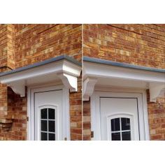 two pictures of the same brick building with white trimmings and window sill