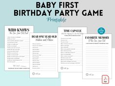 three baby first birthday party games with the text, who knows to be one?