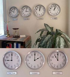 four clocks are on the wall above a potted plant