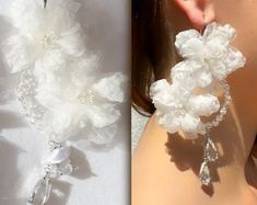 Organza Bridal, Flower Hair Accessories Wedding, Floral Wedding Hair, Silk Jewelry, Bridal Flower, Silver Fabric, Wedding Hair Flowers, Hypoallergenic Jewelry, Wedding Jewelry Earrings