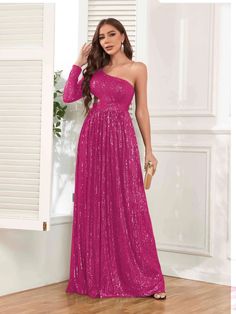 Alivia Glamorous One Shoulder Long Sleeve Cutout Waist Sequins Party D One Shoulder Long Sleeve Evening Dress For Party Season, Glamorous Pink One-shoulder Evening Dress, Pink One Shoulder Dress For Evening And Prom Season, Festive One Shoulder Dress For Party, Festive Party Dresses With Asymmetrical Neckline, Festive One-shoulder Sequin Dress, Festive Sequin One-shoulder Dress, One Shoulder Festive Dresses With Sequins, Glamorous One Shoulder Long Sleeve Evening Dress