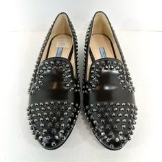 Prada Black Leather Silver Studded Smoking Loafer Flats Size 38 Us Size 8 Never Worn, Perfect Condition. Originally Purchased From Barney’s New York Original Retail $1,100 Black Genuine Leather Silver Studded Round Toe Smoking Loafer Perfect Edgy Everyday Shoes Let Me Know If You Have Any Questions About These Prada Black Leather Silver Studded Smoking Loafer Flats Size 38 Us Size 8 Luxury Leather Loafers With Studs, Luxury Studded Loafers For Formal Occasions, Formal Leather Loafers With Studs, Formal Studded Leather Loafers, Formal Leather Studded Loafers, Elegant Slip-on Loafers With Spikes, Elegant Spiked Slip-on Loafers, Luxury Leather Flats With Studs, Designer Leather Flats With Studs